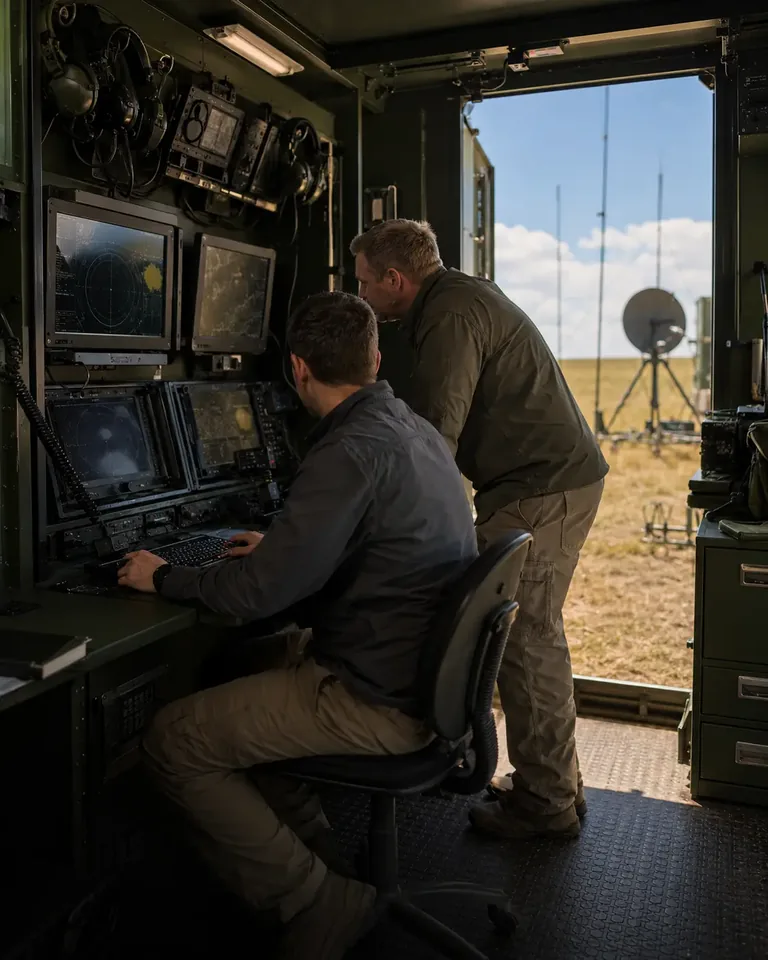 Operators using integrated mission-computing systems inside a field command shelter