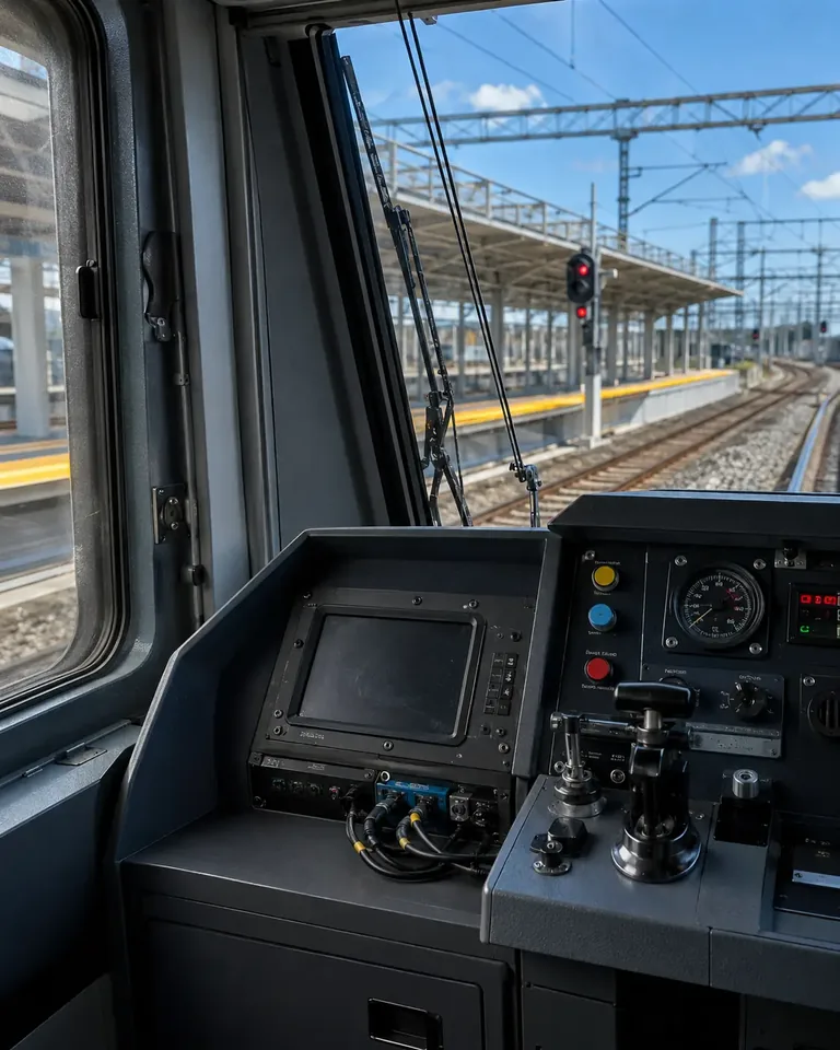 Rugged onboard computer integrated into a modern train cab at a rail station