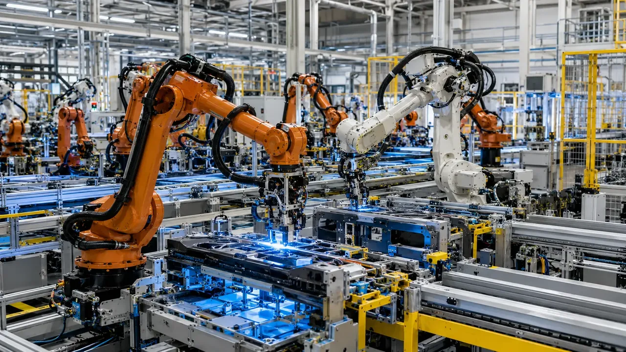Vibrant automated factory with robotics and machine-control systems