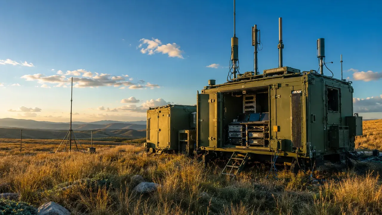 Field-deployed tactical command and communications platform in a wide outdoor landscape