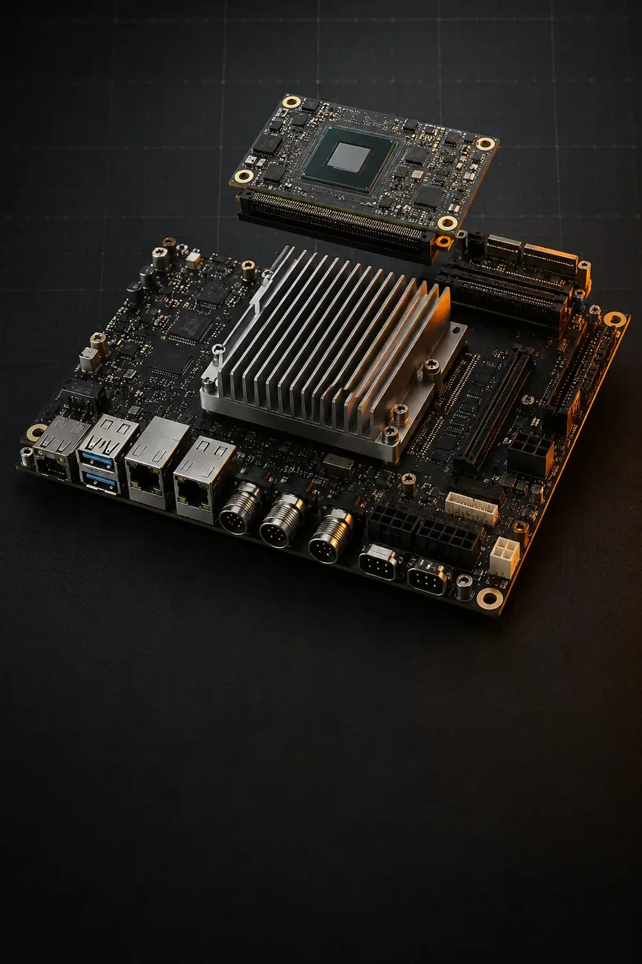 Industrial motherboard and computer-on-module with rugged I/O and passive cooling